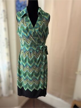Sandra Darren Teal and Black Chevron Wrap Midi Dress